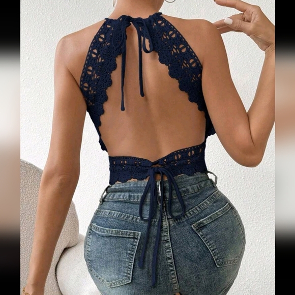 Tops - Women's Solid Color Backless Sleeveless Hollow Patchwork Simple Tank Top